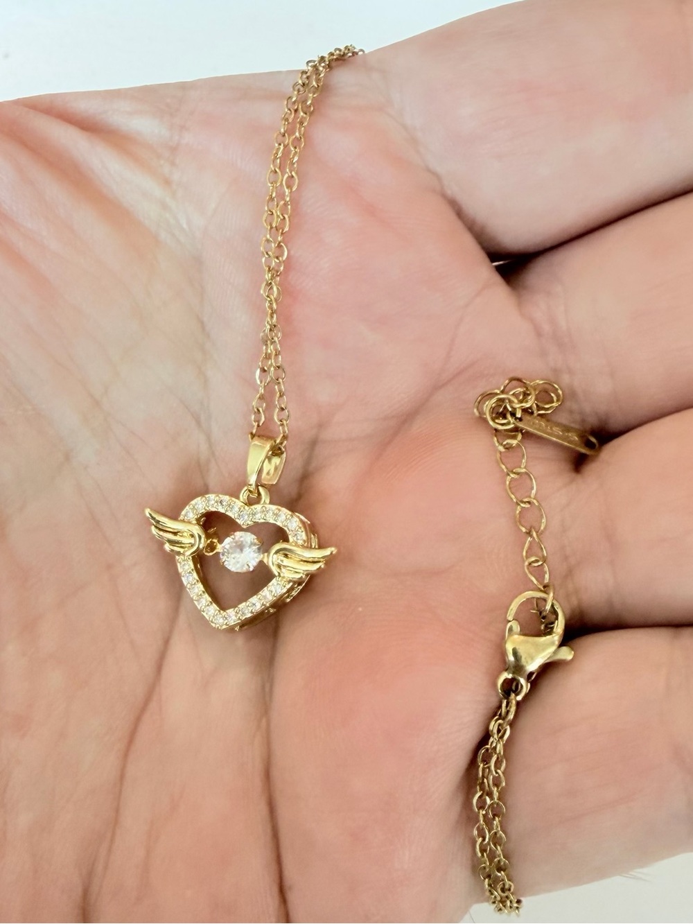 Gold Heart Clear Crystal Wing Pendant Necklace. - Picture 4 of 5